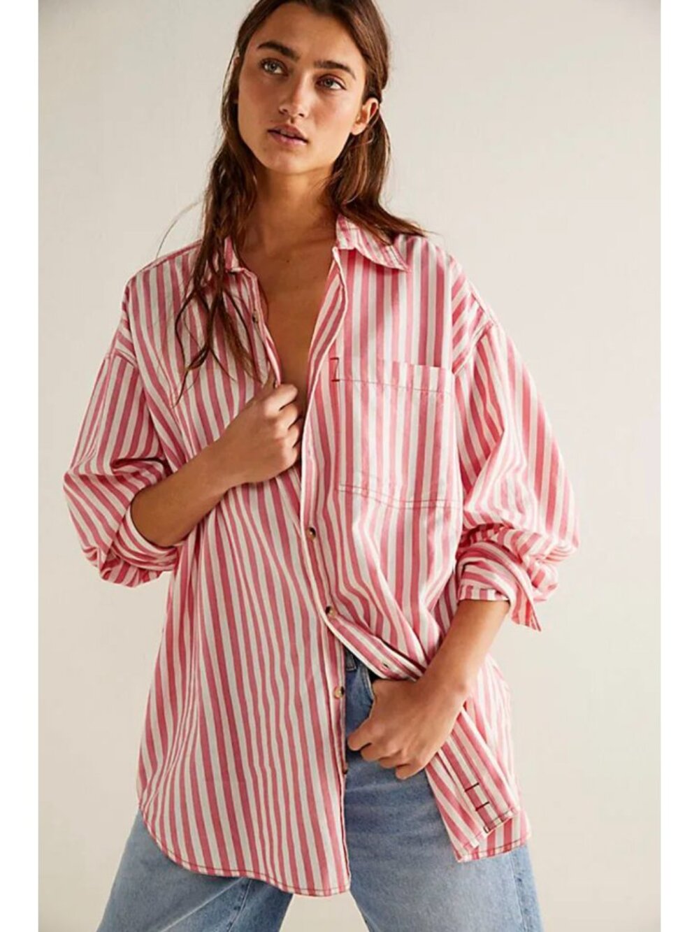 We The Free People Pink White Stripe Cotton Freddie Oversized Button Down Shirt